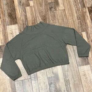 Prana Olive Green Cropped Rib-Knit Mock Neck Sweater